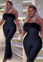 Women Off-shoulder Strapless Patchwork Feather Wide-leg Jumpsuit