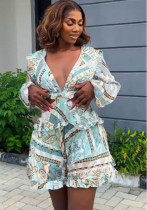 Women Printed V Neck Hollow Long Sleeve Top Patchwork ruffled skirt and pants two-piece set