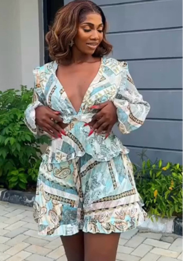 Women Printed V Neck Hollow Long Sleeve Top Patchwork ruffled skirt and pants two-piece set