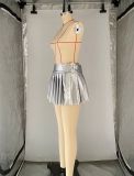 Women's Solid A-Line Pleated Sexy Fashion Mini Pu Leather Skirt