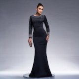 Women Round Neck Long Sleeve Beaded Formal Party Bodycon Evening Dress
