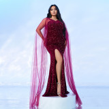 Plus Size Women Long Sleeve V-neck Formal Party Sequined Fishtail Evening Dress Dress