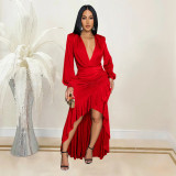 Women Elegant V-neck Slit Long Sleeve Solid Dress