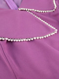 Chic Purple Ruffle Pearl Long-Sleeved Midi Dress
