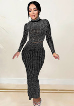 Women Beaded Long Sleeve Top and Skirt Two-piece set