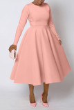 Women's Solid Round Neck Long Sleeve A-Line Dress