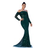 Women Off Shoulder Long Sleeve Sequin Formal Party Fishtail Evening Dress