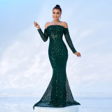 Women Off Shoulder Long Sleeve Sequin Formal Party Fishtail Evening Dress