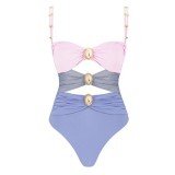 Women Solid Color Patchwork One-Piece Swimsuit
