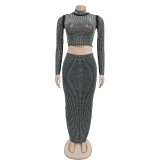 Women Beaded Long Sleeve Top and Skirt Two-piece set