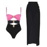 Women Solid Color Patchwork One-Piece Swimsuit