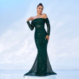 Women Off Shoulder Long Sleeve Sequin Formal Party Fishtail Evening Dress