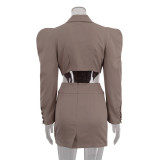 Women's Autumn And Winter Long Sleeve Turndown Collar Fishbone Top Bodycon Skirt Two-Piece Career Suit