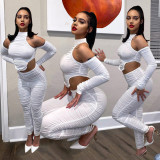 Women off-shoulder stand collar irregular pleated top and pants two-piece set