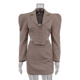 Women's Autumn And Winter Long Sleeve Turndown Collar Fishbone Top Bodycon Skirt Two-Piece Career Suit