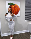 Women off-shoulder stand collar irregular pleated top and pants two-piece set
