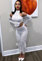 Women off-shoulder stand collar irregular pleated top and pants two-piece set Women off-shoulder stand collar irregular pleated top and pants two-piece set