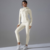 Solid Color Zipper Hooded Sports Jacket Running Fitness Leggings Two-Piece Yoga Suit