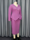 Chic Purple Ruffle Pearl Long-Sleeved Midi Dress