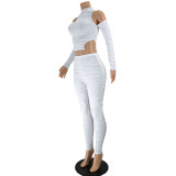 Women off-shoulder stand collar irregular pleated top and pants two-piece set