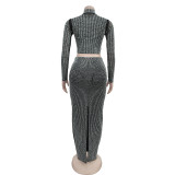 Women Beaded Long Sleeve Top and Skirt Two-piece set
