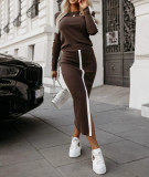 Autumn And Winter Fashion Long Sleeve Solid Color Split Women Two-Piece Skirt Set