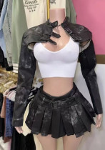 Women Vintage PU-Leather Jacket Top and Skirt Two-piece set