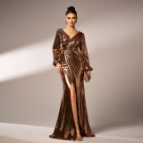 Women V-neck long sleeve Shiny Formal Party Bodycon Evening Dress