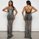 Women Solid Mesh Beaded Suspender Sexy Backless Bodycon Dress