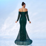 Women Off Shoulder Long Sleeve Sequin Formal Party Fishtail Evening Dress