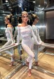 Sexy One-Piece Long-Sleeved Beaded Shiny Mesh Sexy Jumpsuit