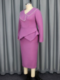 Chic Purple Ruffle Pearl Long-Sleeved Midi Dress