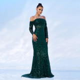 Women Off Shoulder Long Sleeve Sequin Formal Party Fishtail Evening Dress