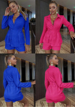 Women turndown collar v-neck long-sleeved pocket top shorts two-piece set Women turndown collar v-neck long-sleeved pocket top shorts two-piece set