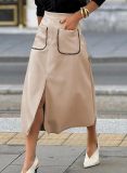 Women's Faux Suede Autumn And Winter Elastic Waist Front Pocket A-Line Midi Skirt