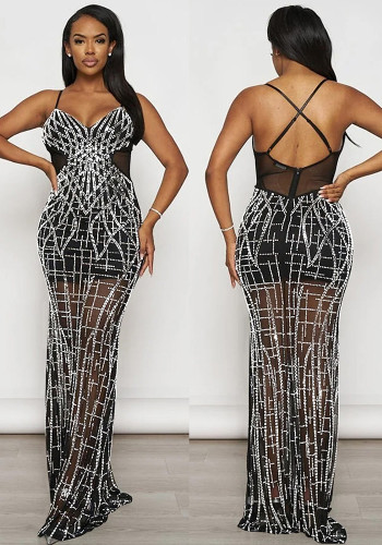 Women Solid Mesh Beaded Suspender Sexy Backless Bodycon Dress