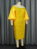 Elegant Off Shoulder Puff Sleeve Bodycon Formal Party Sequin Evening Dress