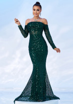 Women Off Shoulder Long Sleeve Sequin Formal Party Fishtail Evening Dress Women Off Shoulder Long Sleeve Sequin Formal Party Fishtail Evening Dress