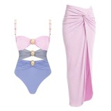Women Solid Color Patchwork One-Piece Swimsuit