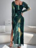 Fashion Printed Slim Women's Sexy Slit Off Shoulder Party Dress