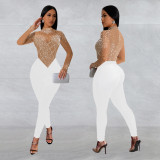 Fashionable Women's Slim Mesh Beaded Long-Sleeved Jumpsuit