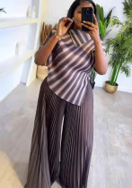 Autumn Striped Turndown Collar Slim Waist Top Pleated Pants Plus Size Suits Autumn Striped Turndown Collar Slim Waist Top Pleated Pants Plus Size Suits