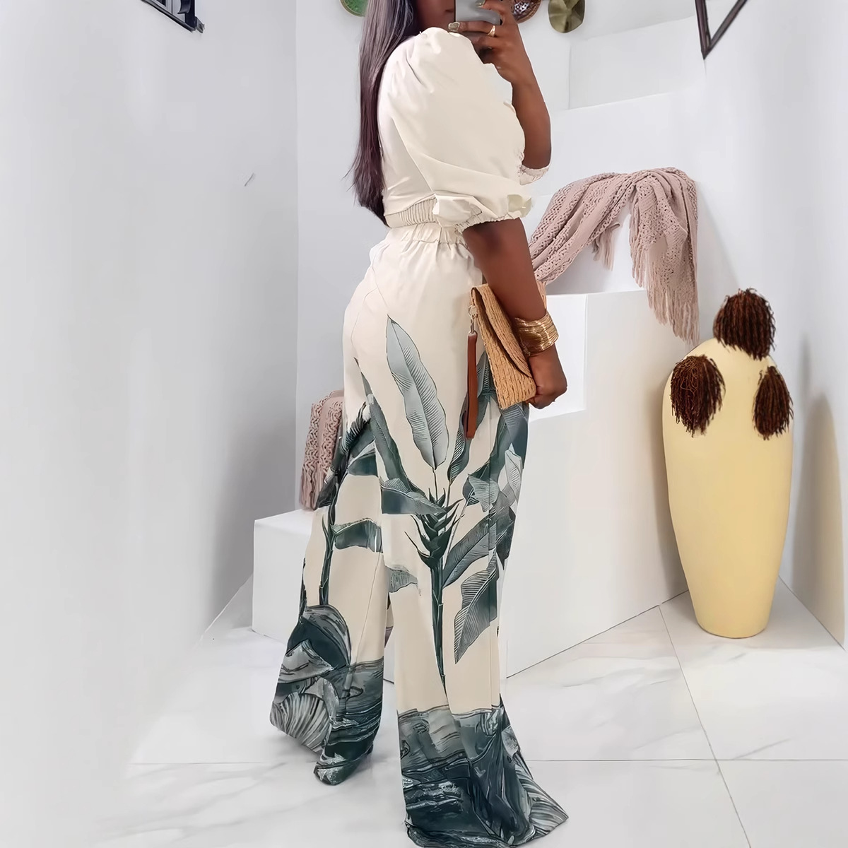 V-Neck Lantern Sleeve Top Printed Wide-Leg Pants Suit