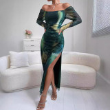 Fashion Printed Slim Women's Sexy Slit Off Shoulder Party Dress