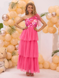 Rose Red One Shoulder Embroidery Summer Party Long Dress