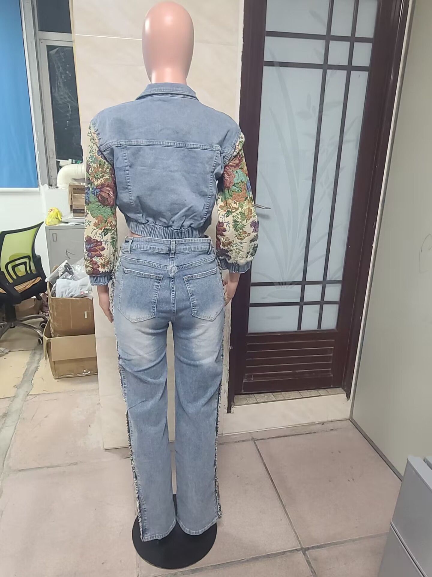 Women Fall Retro Patchwork Camouflage Print Top and Denim Pants Two Piece Set