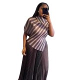 Autumn Striped Turndown Collar Slim Waist Top Pleated Pants Plus Size Suits
