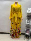 Pleated Women's African Fashion Print Long Sleeve Pleated Skirt Set
