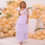 Purple One Shoulder Embroidery Summer Party Long Dress