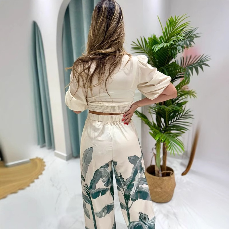 V-Neck Lantern Sleeve Top Printed Wide-Leg Pants Suit